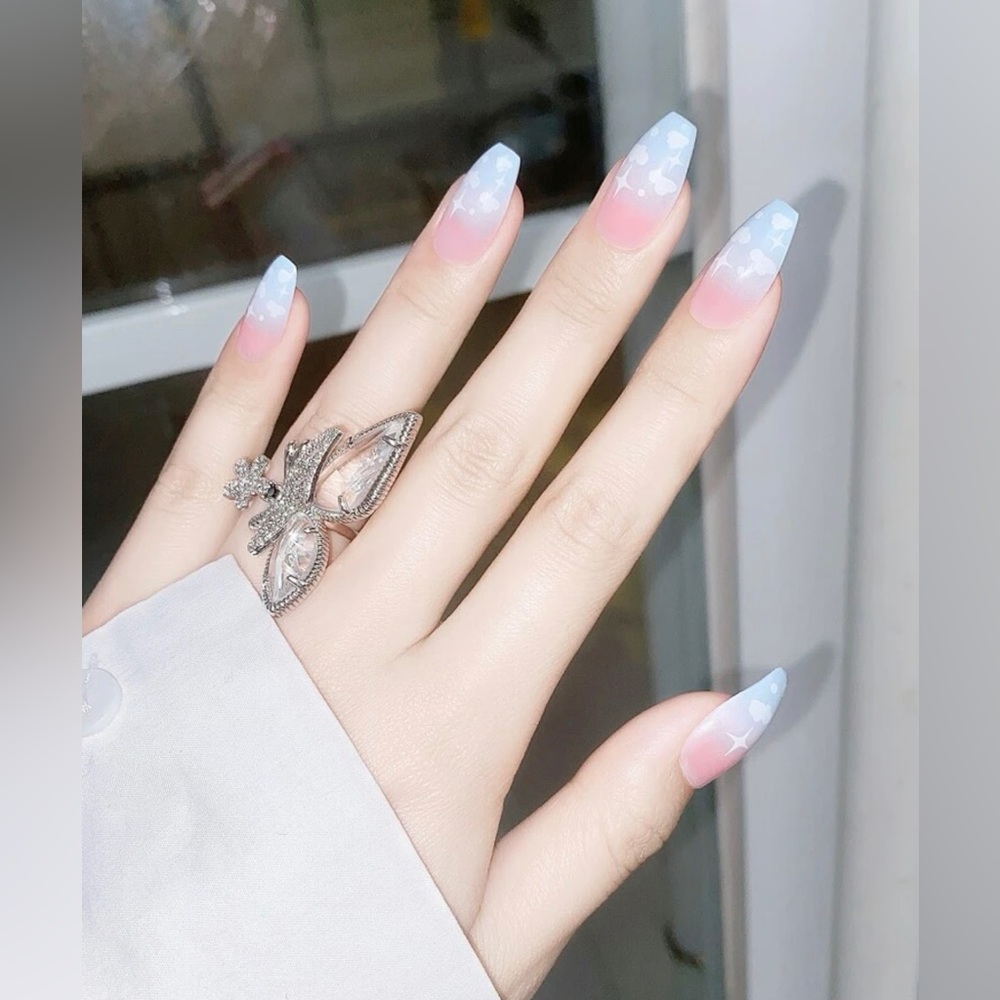 Pink and blue gradient w/ clouds coffin shaped nails press on nails fake nails